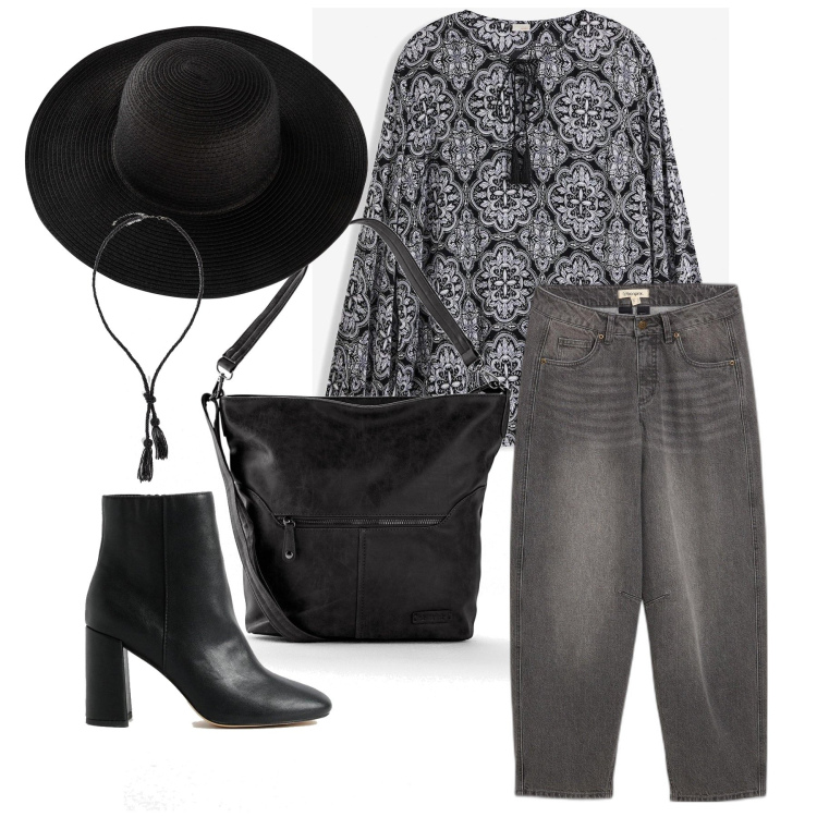 Outfit femme - Novembre. Style Boho pour Tous les jours. Assortir avec chapeaux, jeans, sacs à main, tuniques, colliers, bottines.