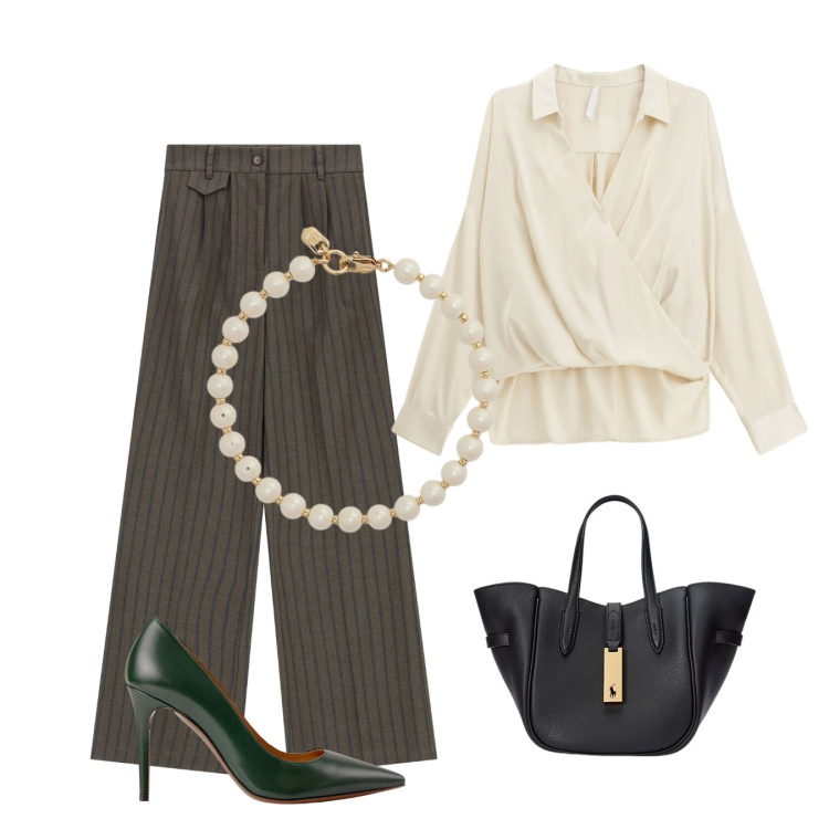 Outfit donna - Perle e linee. Stile Casual chic per Tutti i giorni. Abbinamento con camicie, pantaloni, borse tote, décolleté, braccialetti.