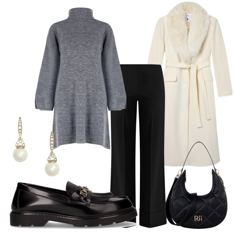 Outfit donna - Maxi maglione. Stile Chic per Tutti i giorni. Abbinamento con cappotti, pantaloni a palazzo, vestiti corti, borse a tracolla, orecchini, mocassini.