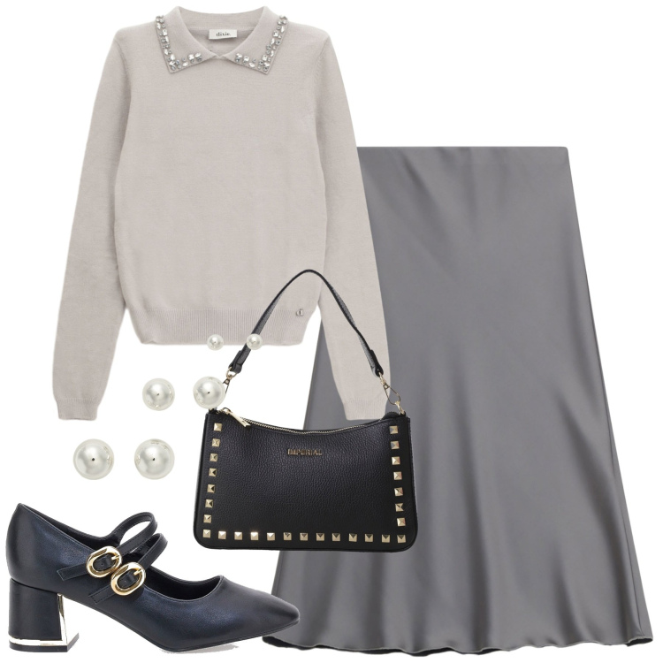 Outfit donna - Strass sul colletto. Stile Chic per Tutti i giorni. Abbinamento con pochette, gonne longuette, maglieria, orecchini, décolleté.