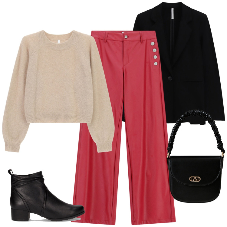 Outfit donna - Rosso beige e nero. Stile Chic per Ufficio. Abbinamento con pantaloni a palazzo, borse a mano, maglieria, blazer, stivaletti.