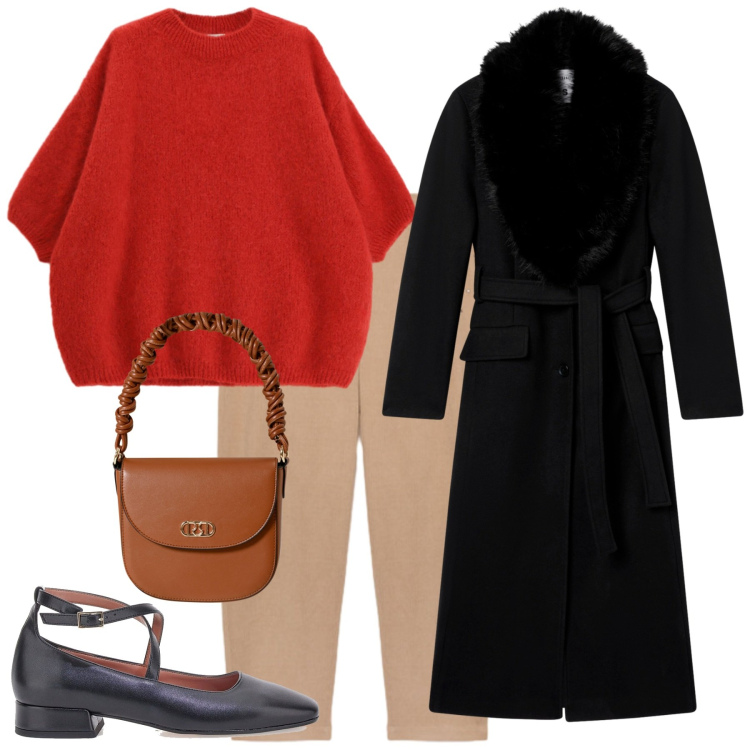 Outfit donna - Rosso beige e nero. Stile Casual chic per Ufficio. Abbinamento con cappotti, borse a mano, maglieria, ballerine, pantaloni.