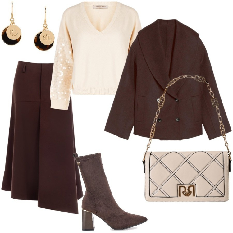 Outfit donna - Total look #2284111. Stile Chic per Scuola/Università. Abbinamento con caban, maglieria, gonne longuette, borse a tracolla, orecchini, stivaletti.