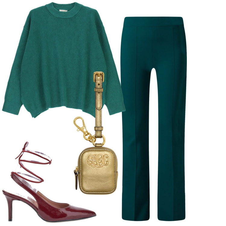 Outfit donna - Verde smeraldo. Stile Chic per Serata fuori. Abbinamento con pantaloni a palazzo, maglieria, pochette, décolleté.
