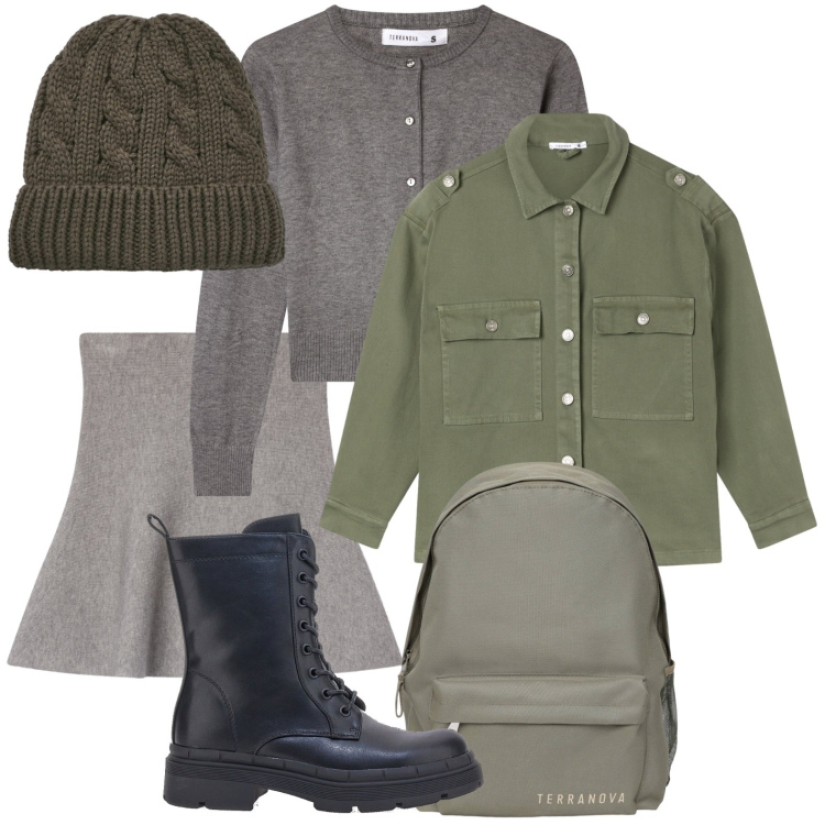 Outfit donna - Autunno style. Stile Preppy per Scuola/Università. Abbinamento con zaini, cardigans, berretti, minigonne, cappotti, anfibi.