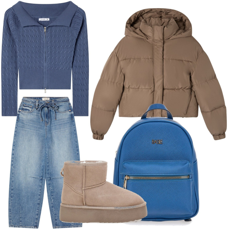 Outfit donna - Minimal. Stile Minimal per Scuola/Università. Abbinamento con jeans, cardigans, bomber, sabot, zaini.