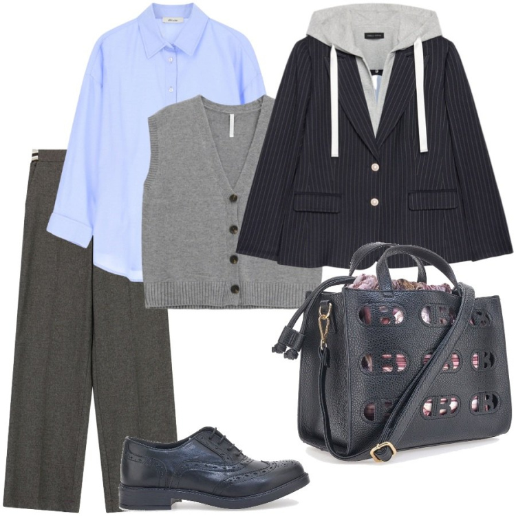 Outfit donna - The woman in mannish. Stile Mannish per Ufficio. Abbinamento con gilet, pantaloni a palazzo, camicie, blazer, scarpe stringate, borse a mano.