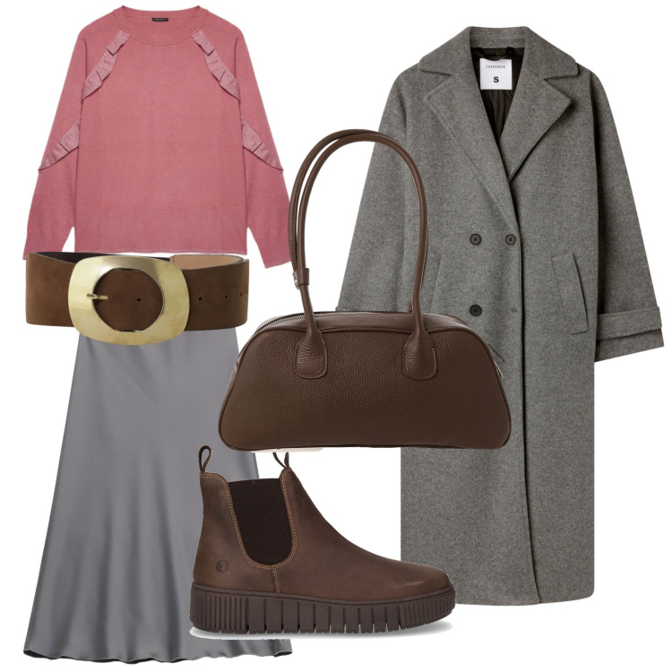 Outfit donna - Il maglione romantico. Stile Glamour per Scuola/Università. Abbinamento con cappotti, gonne longuette, cinture, borse a mano, maglieria, stivaletti chelsea.