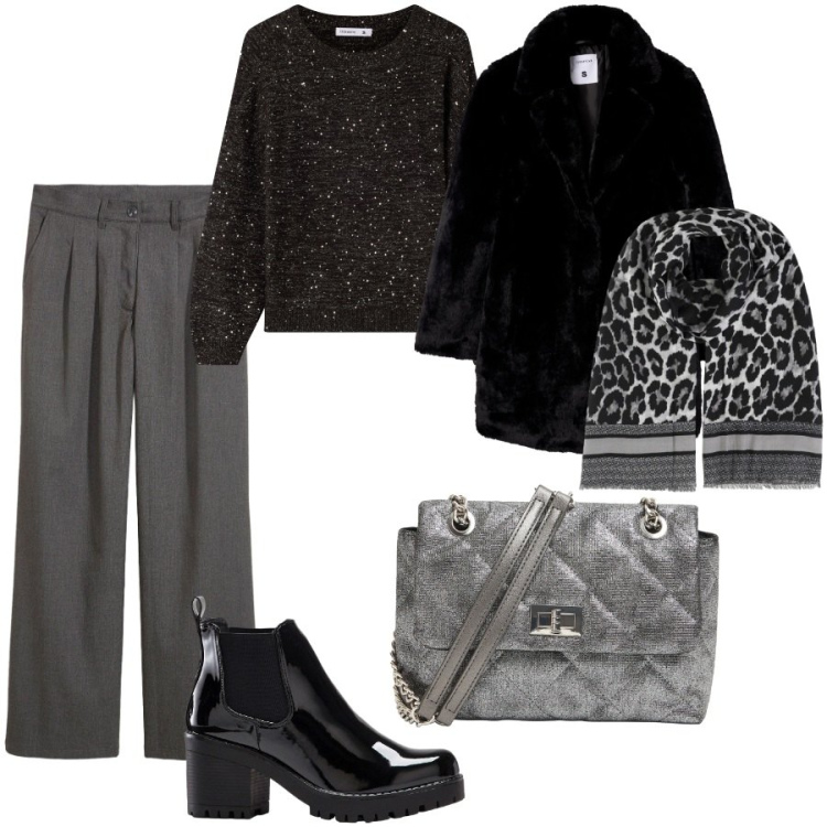Outfit donna - Semplice ed elegante. Stile Chic per Serata fuori. Abbinamento con stivaletti, pantaloni a palazzo, foulard, maglieria, cappotti, borse a tracolla.