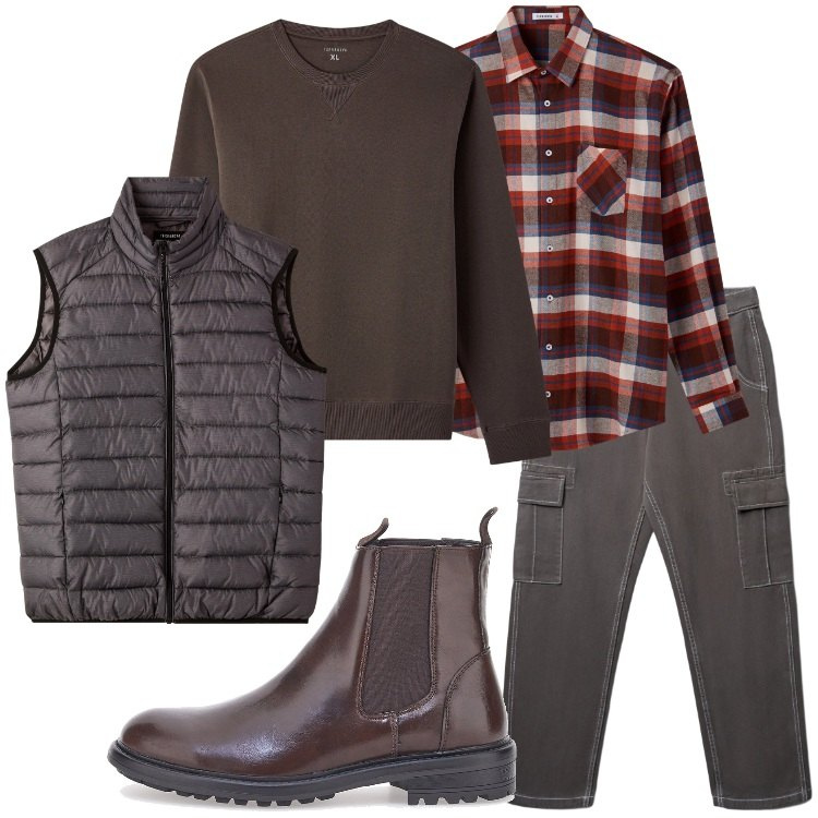 Outfit uomo - Weekend in città. Stile Casual per Tutti i giorni. Abbinamento con pantaloni cargo, piumini, felpe, camicie, stivali e stivaletti.