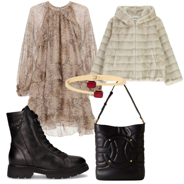 Outfit donna - Romantica con un tocco rock. Stile Romantica per Tutti i giorni. Abbinamento con vestiti corti, blazer, borse a secchiello, braccialetti, anfibi.