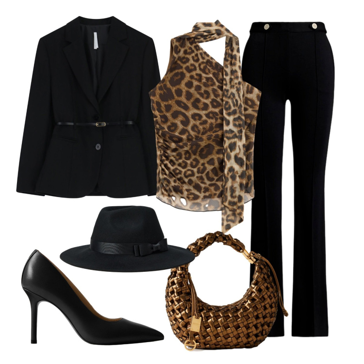 Outfit donna - Animalier grintoso e glamour!. Stile Glamour per Serata fuori. Abbinamento con blazer, borse a mano, top, pantaloni, décolleté, cappelli.