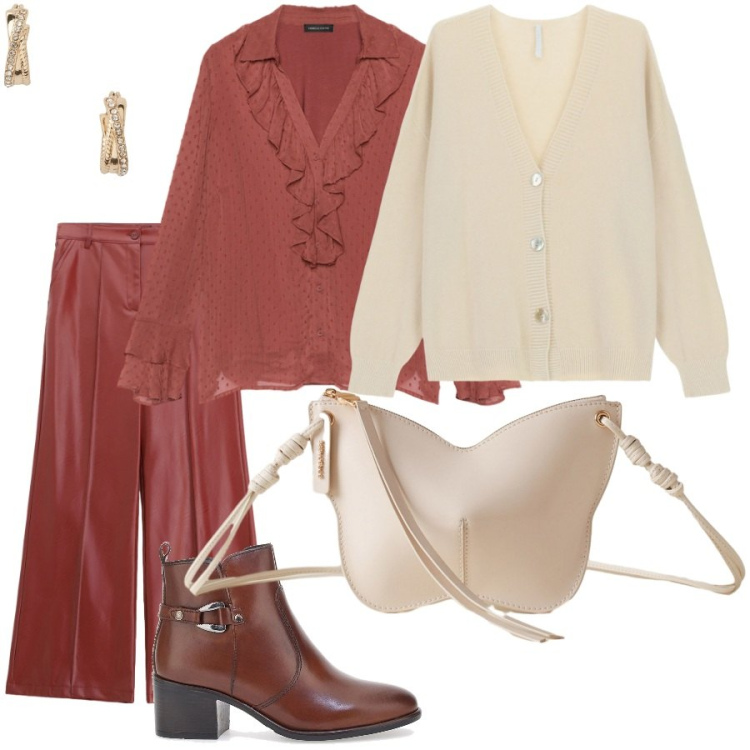 Outfit donna - Dal lavoro a cena fuori. Stile Chic per Ufficio. Abbinamento con pantaloni, cardigans, borse a tracolla, orecchini, bluse, stivaletti.