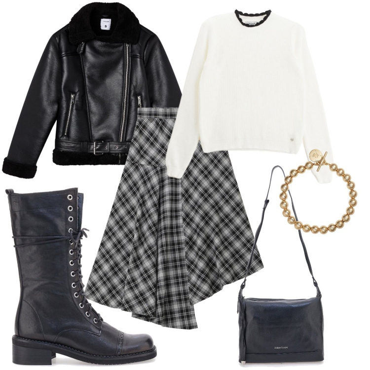Outfit donna - Total look #2284128. Stile Rock per Tutti i giorni. Abbinamento con pullovers, giacche, gonne longuette, braccialetti, anfibi, borse a tracolla.