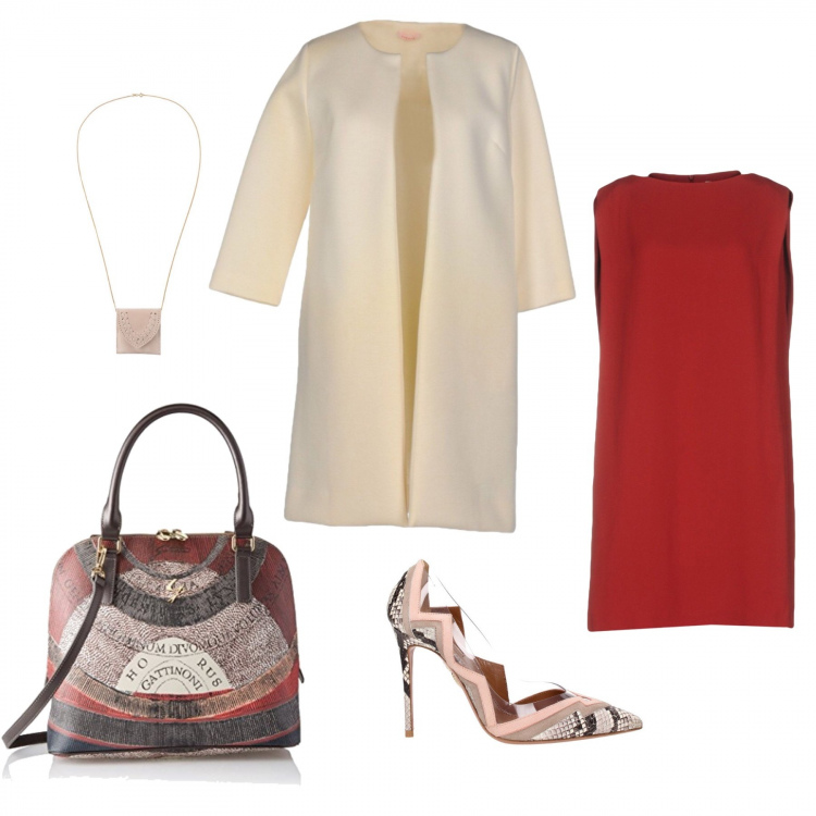 Outfit donna - Elegantly colored. Stile Chic per Tutti i giorni. Abbinamento con vestito effetto acetato, soprabito scollatura profonda a maniche lunghe interno sfoderato jersey, collane, décolleté motivo serpente multicolore, borsa a mano grigio.