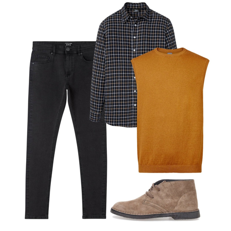 Outfit uomo - Autunno. Stile Casual per Tutti i giorni. Abbinamento con camicie, jeans skinny, gilet, stivali e stivaletti.