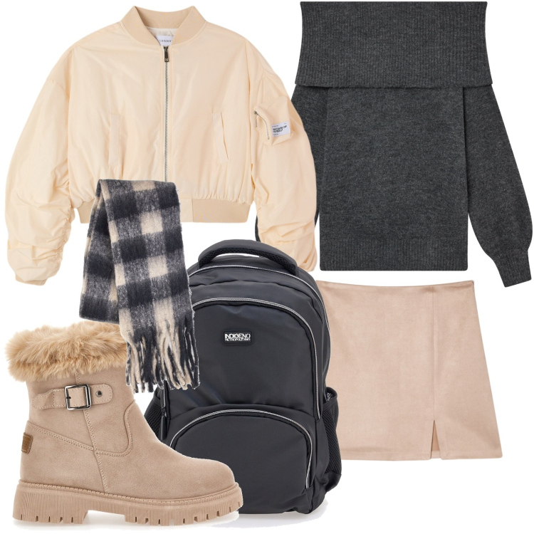 Outfit donna - Gli stivaletti caldi. Stile Preppy per Tutti i giorni. Abbinamento con maglieria, minigonne, bomber, stivaletti, zaini, sciarpe.