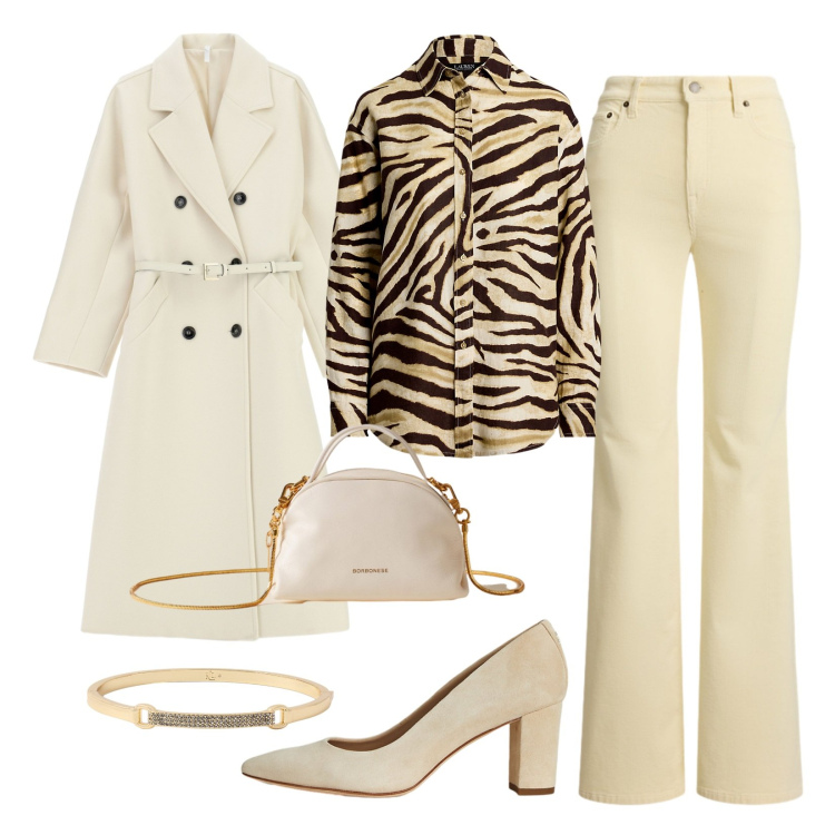 Outfit donna - Animalier nei toni neutri!. Stile Trendy per Serata fuori. Abbinamento con cappotti, borse a mano, pantaloni, camicie, décolleté, braccialetti.