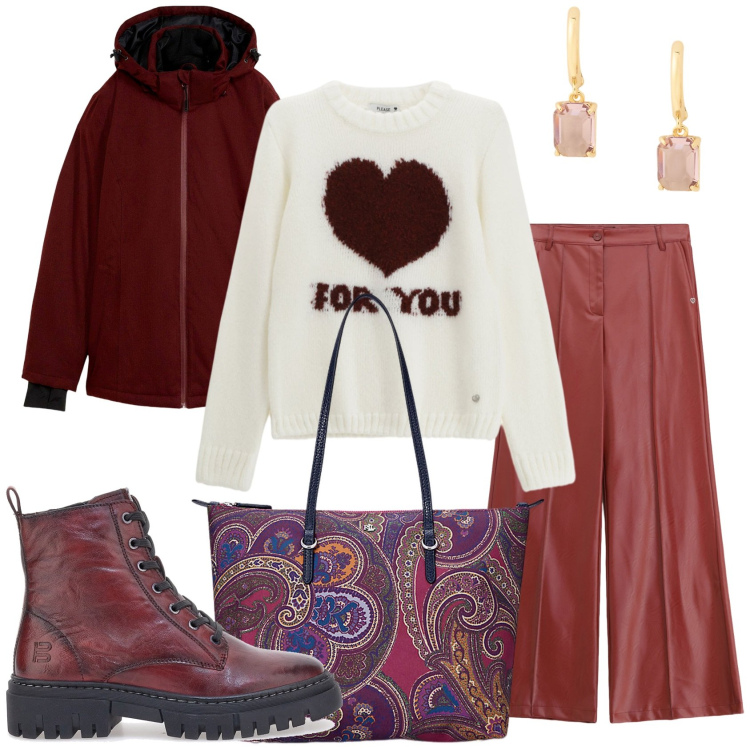 Outfit donna - Una giornata meravigliosa. Stile Casual per Tutti i giorni. Abbinamento con blazer, pantaloni, pullovers, borse tote, orecchini, anfibi.