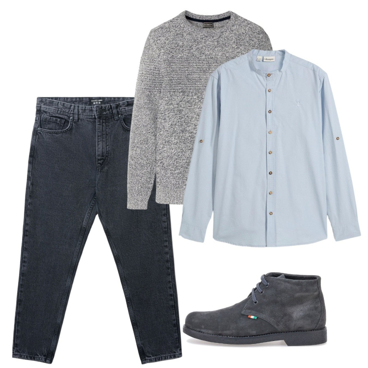 Outfit uomo - Novembre. Stile Casual per Tutti i giorni. Abbinamento con camicie, maglieria, jeans strappati, stivali e stivaletti.