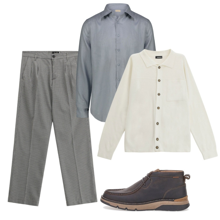 Outfit uomo - Novembre. Stile Casual per Tutti i giorni. Abbinamento con pantaloni, cardigans, scarpe stringate, camicie.
