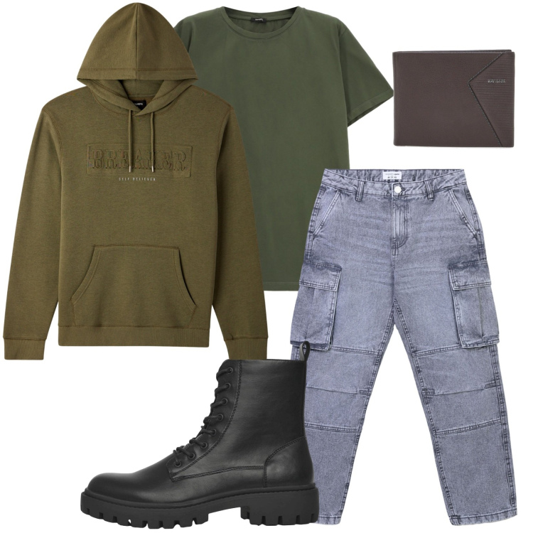 Outfit uomo - Total look #2284139. Stile Urban per Tutti i giorni. Abbinamento con anfibi, felpe con cappuccio, jeans, t-shirt, portafogli.