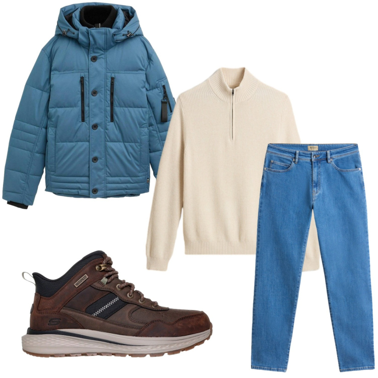 Outfit uomo - Total look #2284144. Stile Casual per Tutti i giorni. Abbinamento con piumini, pantaloni, maglieria, stivali e stivaletti.