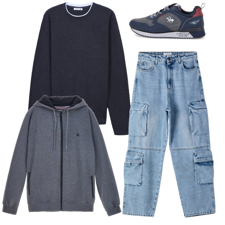 Outfit uomo - Total look. Stile Casual per Tutti i giorni. Abbinamento con maglieria, jeans, sneakers, felpe con cappuccio.