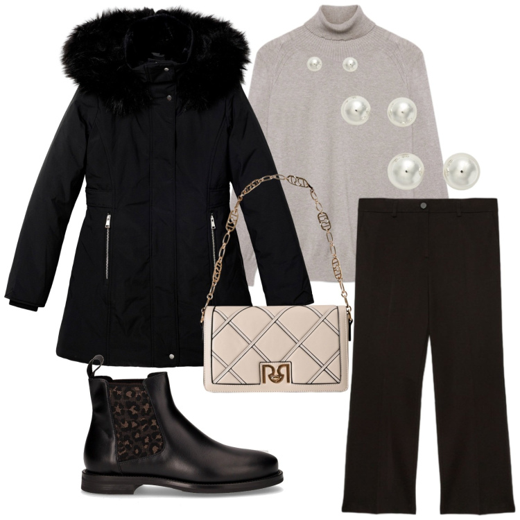 Outfit donna - Total look #2284149. Stile Casual chic per Ufficio. Abbinamento con parka, borse a tracolla, orecchini, stivaletti chelsea, pantaloni, maglieria.