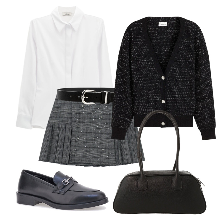 Outfit donna - Aperitivo preppy luccicante. Stile Preppy per Tutti i giorni. Abbinamento con cardigans, cinture, minigonne, camicie, borse a mano, mocassini.