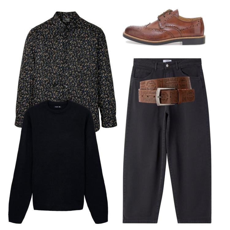 Outfit uomo - Total look. Stile Casual per Serata speciale. Abbinamento con cinture, camicie, maglieria, jeans, scarpe stringate.