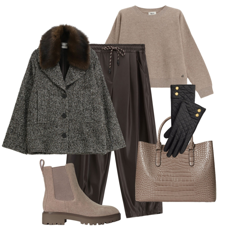 Outfit donna - Cappotto sale&pepe. Stile Trendy per Tutti i giorni. Abbinamento con cappotti, maglieria, pantaloni a palazzo, borse a mano, guanti, stivaletti chelsea.