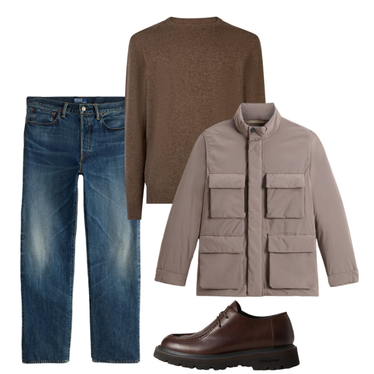 Outfit uomo - Novembre. Stile Casual per Tutti i giorni. Abbinamento con jeans dritti, scarpe stringate, giacche, maglieria.