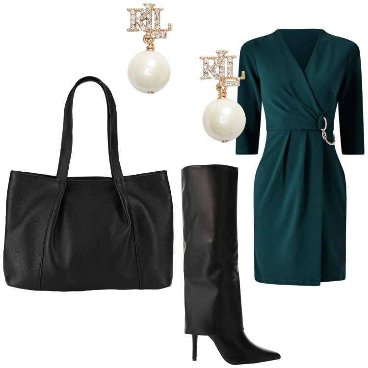 Outfit donna - L\'abito da cocktail. Stile Glamour per Serata fuori. Abbinamento con shopping bag, vestiti corti, stivali, orecchini.