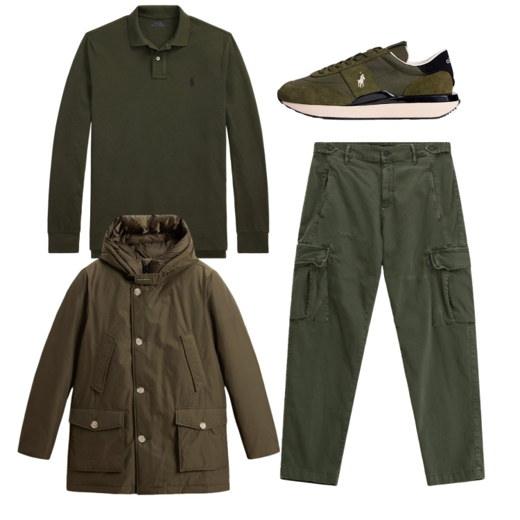 Outfit uomo - Total look. Stile Casual per Tutti i giorni. Abbinamento con pantaloni cargo, sneakers, polo, parka.