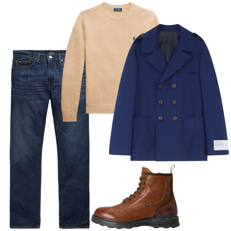 Outfit uomo - Novembre. Stile Casual per Tutti i giorni. Abbinamento con caban, maglieria, jeans dritti, anfibi.