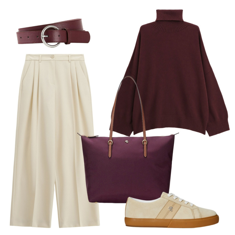 Outfit donna - Comfy d\'autunno. Stile Minimal per Ufficio. Abbinamento con cinture, maglieria, pantaloni a palazzo, borse tote, sneakers.