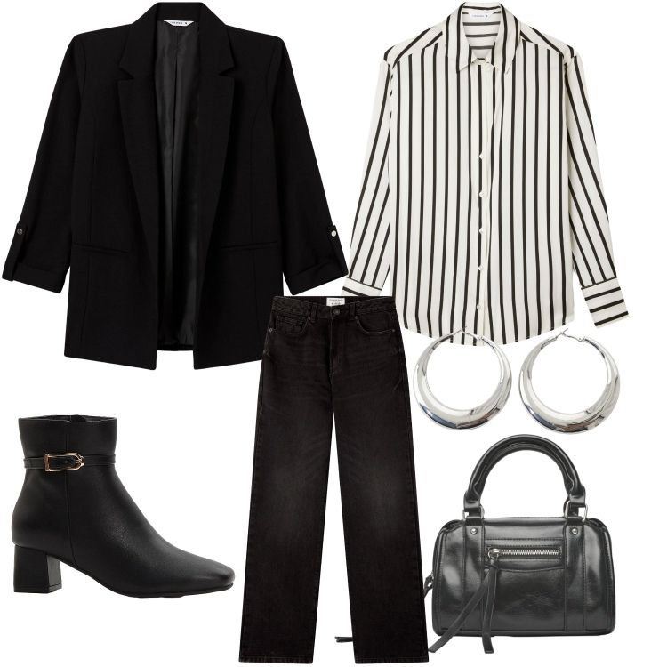 Outfit donna - Noir. Stile Casual chic per Tutti i giorni. Abbinamento con stivaletti, blazer, camicie, jeans dritti, borse a mano, orecchini.