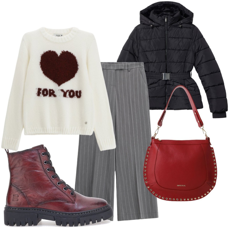 Outfit donna - Total look #2284173. Stile Mannish per Tutti i giorni. Abbinamento con pullovers, piumini, pantaloni a palazzo, borse a spalla, anfibi.