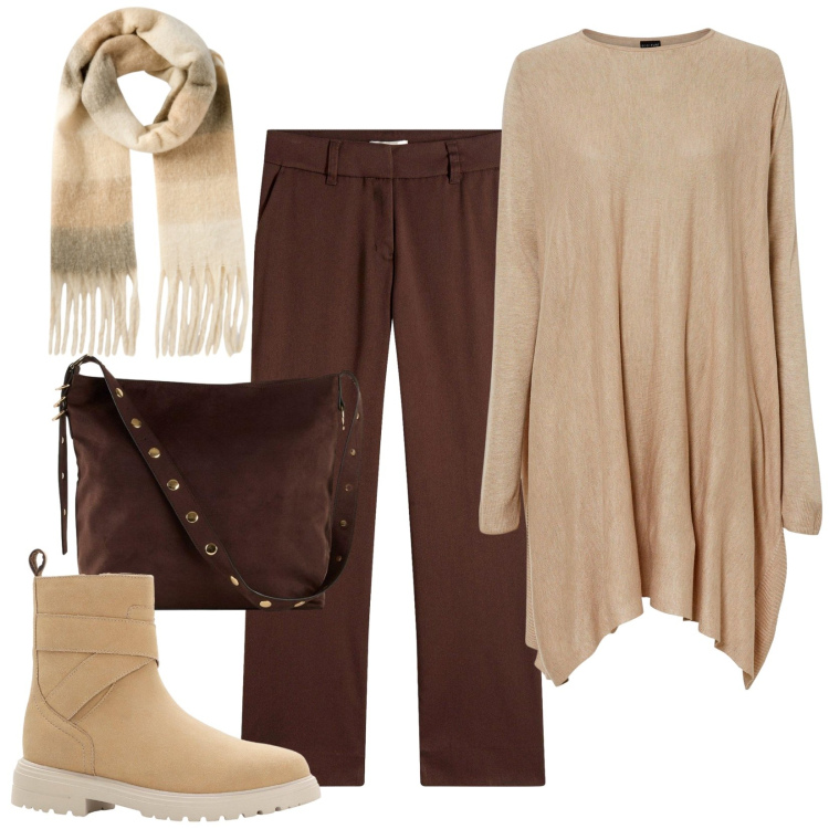 Outfit donna - Linee comode. Stile Casual per Tutti i giorni. Abbinamento con pantaloni, maglieria, shopping bag, stivaletti, sciarpe.