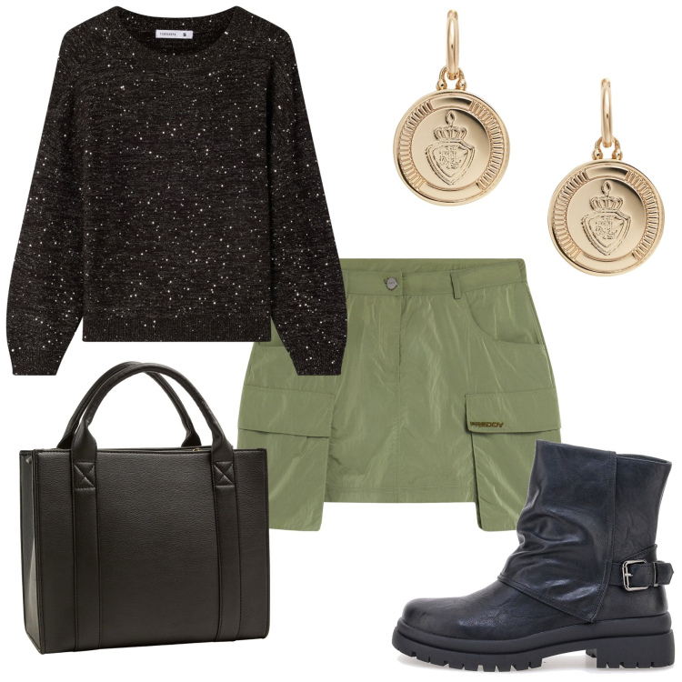 Outfit donna - Total look #2284177. Stile Trendy per Serata fuori. Abbinamento con maglieria, borse tote, minigonne, orecchini, stivaletti.