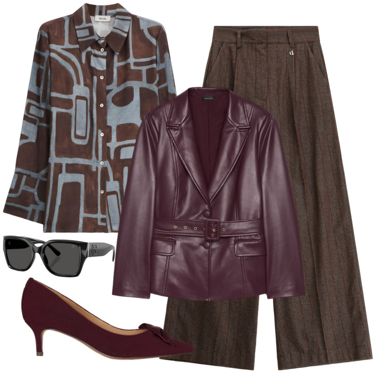 Outfit donna - A pranzo fuori. Stile Trendy per Cerimonia. Abbinamento con camicie, pantaloni a palazzo, décolleté, occhiali da sole, blazer.
