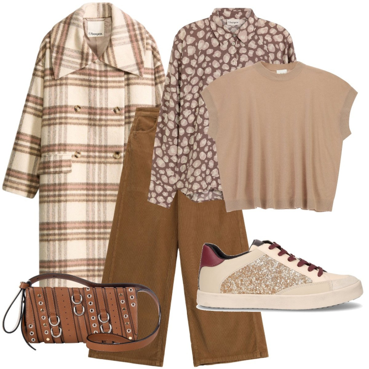 Outfit donna - Mix pazzo. Stile Basic per Tutti i giorni. Abbinamento con cappotti, camicie, maglieria, pantaloni a palazzo, borse a spalla, sneakers.