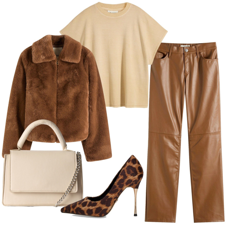 Outfit donna - Miele e caramello. Stile Trendy per Serata fuori. Abbinamento con ecopellicce, maglieria, pantaloni, borse a tracolla, décolleté.