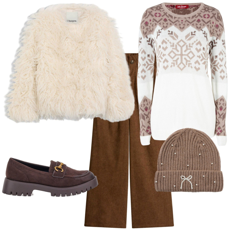 Outfit donna - Serata in montagna. Stile Glamour per Tutti i giorni. Abbinamento con ecopellicce, maglieria, pantaloni, berretti, mocassini.