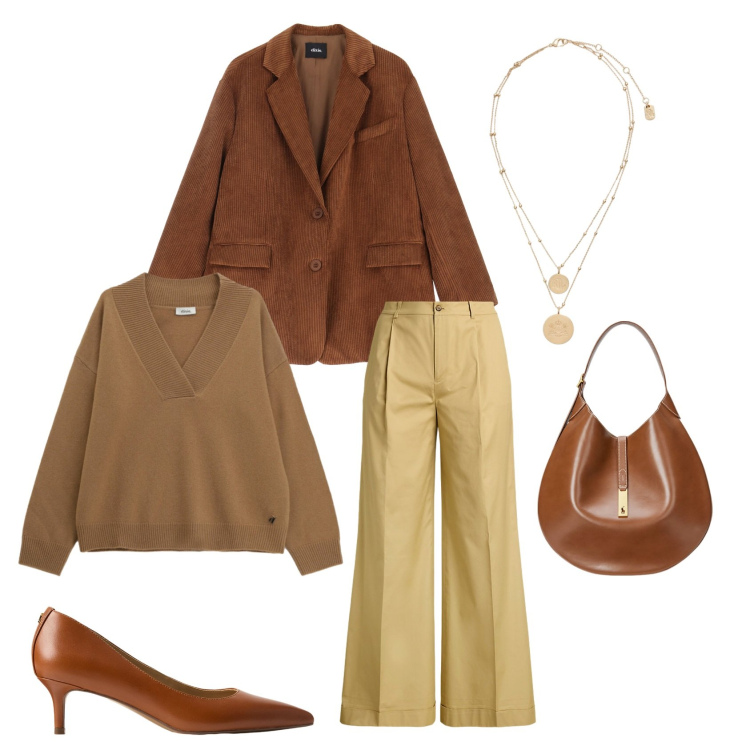 Outfit donna - Caldo caramello. Stile Chic per Ufficio. Abbinamento con maglieria, blazer, borse a spalla, pantaloni, ciondoli, décolleté.