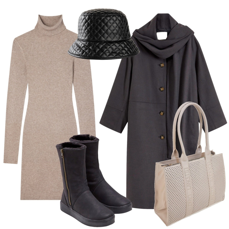 Outfit donna - Gli stivaletti di novembre. Stile Casual per Scuola/Università. Abbinamento con cappelli con visiera, stivali, cappotti, vestiti corti, borse a spalla.