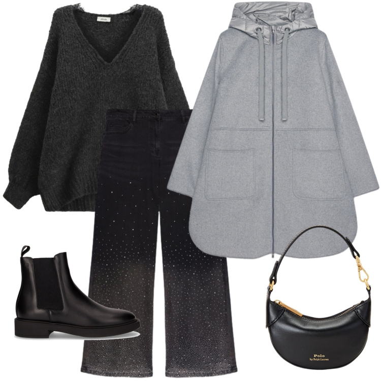 Outfit donna - Urban curvy. Stile Urban per Tutti i giorni. Abbinamento con maglieria, portafogli, cappotti, jeans, stivaletti chelsea.