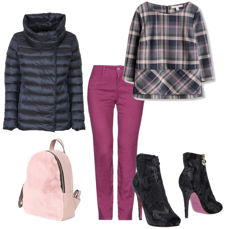 Outfit donna - Sfumature di rosa. Stile Trendy Abbinamento con jeans a tubo con zip tinta unita, stivaletti, borsa, piumino collo alto con zip e bottoni, camicia multicolore e nero e grigio.