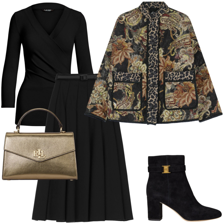 Outfit donna - Giacca damascata. Stile Chic per Serata fuori. Abbinamento con giacche, gonne longuette, top, borse a mano, stivaletti.